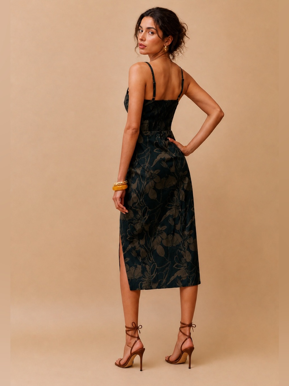 Reformation Alfred Midi Dress Brava Black Tan Floral Cotton Sleeves Dress in S 4 - Picture 2 of 7